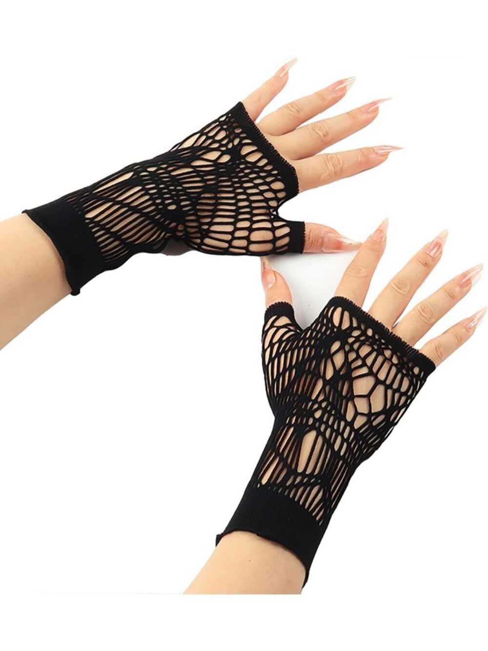 Women's Black Short Fishnet Fingerless Mesh Distressed Gothic Party Gloves
